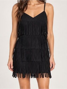 Idyllwind Black Fringe Tiered Slip Mini Dress